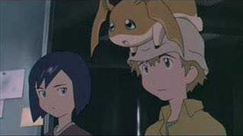 Ken looking at patamon who is saying something while on TK's head